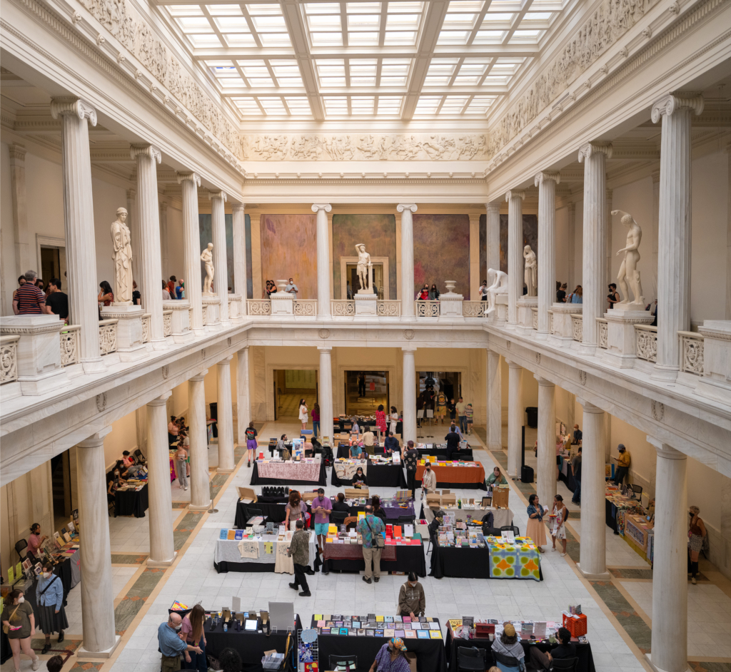 tables and crowds in a room