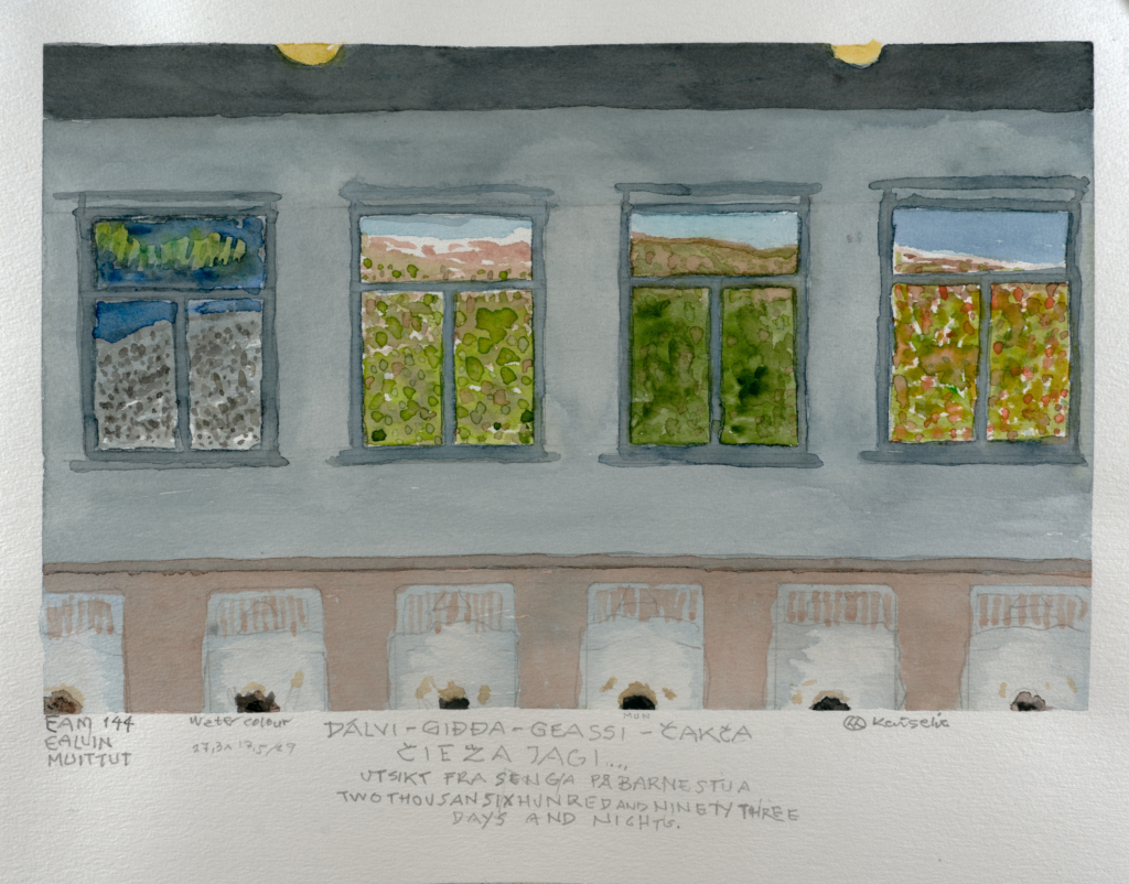 watercolor of beds in a hospital facing windows