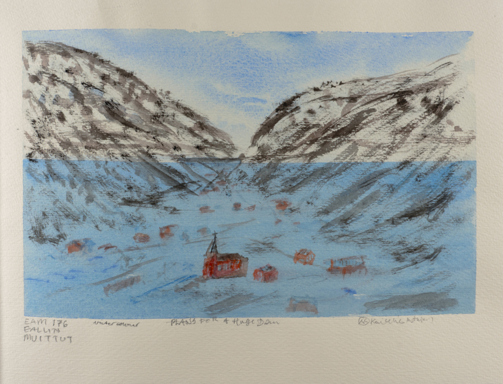 church amongst other houses in a valley watercolor