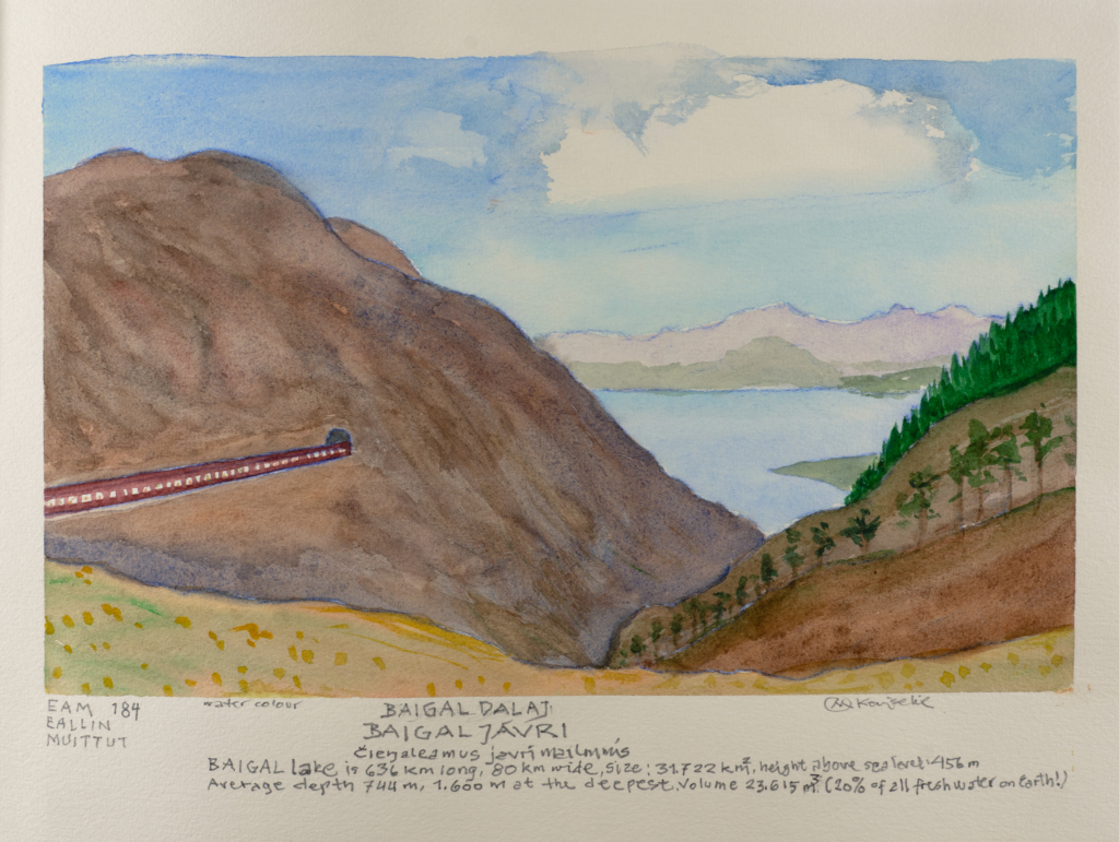 mountain valley with tracks going to mountain tunnel watercolor