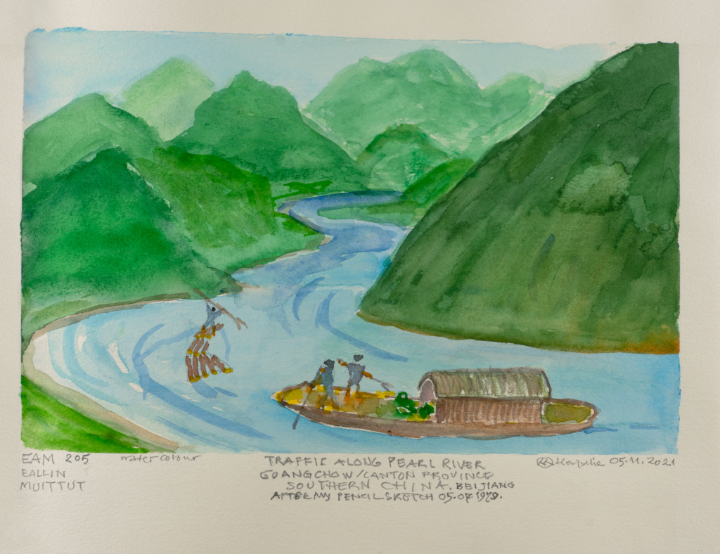 river between mountains with boats watercolor