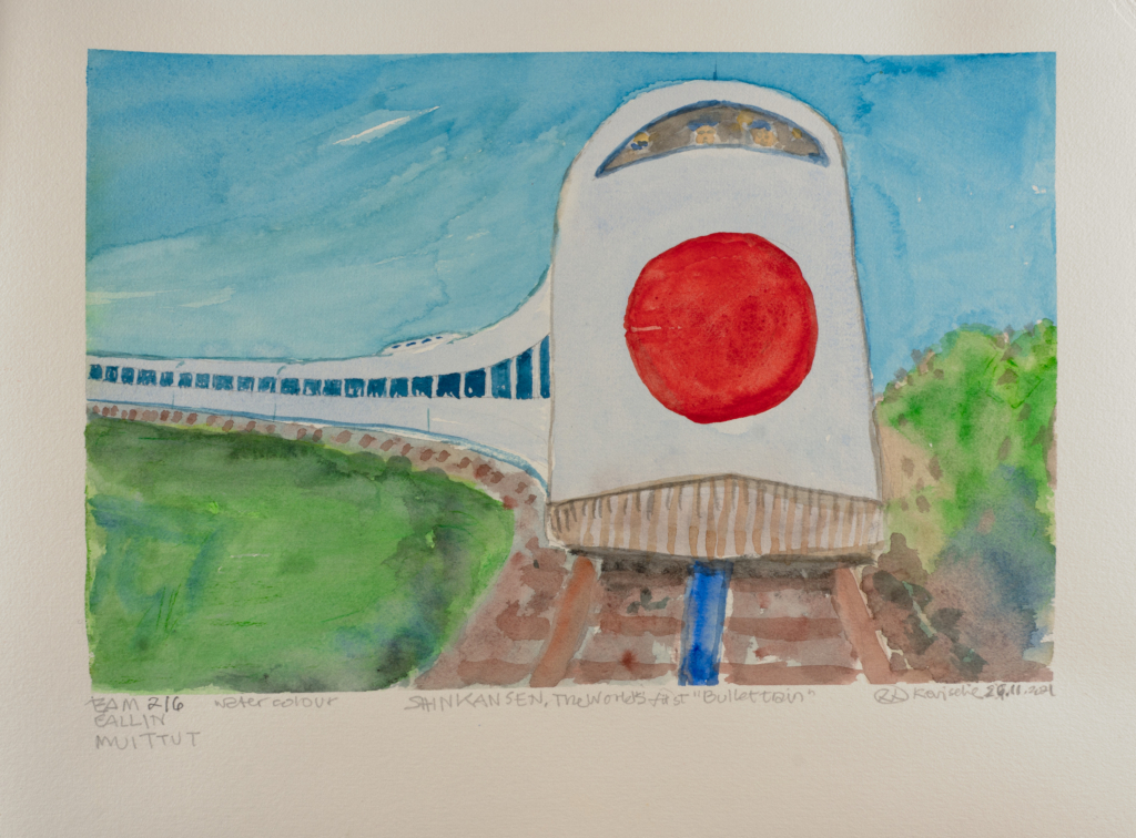 train watercolor with rising sun