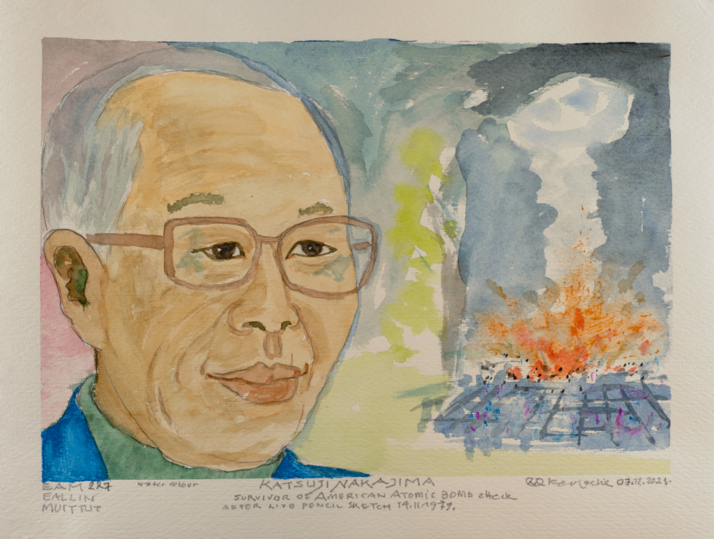 person next to atomic bomb watercolor