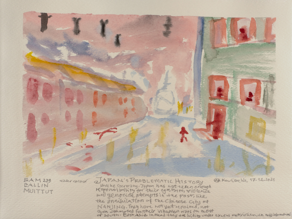 town watercolor that says japans problematic history