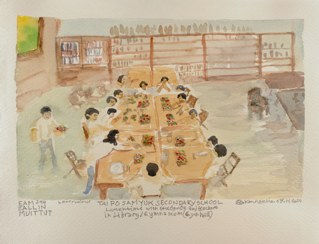 people eating at tables watercolor