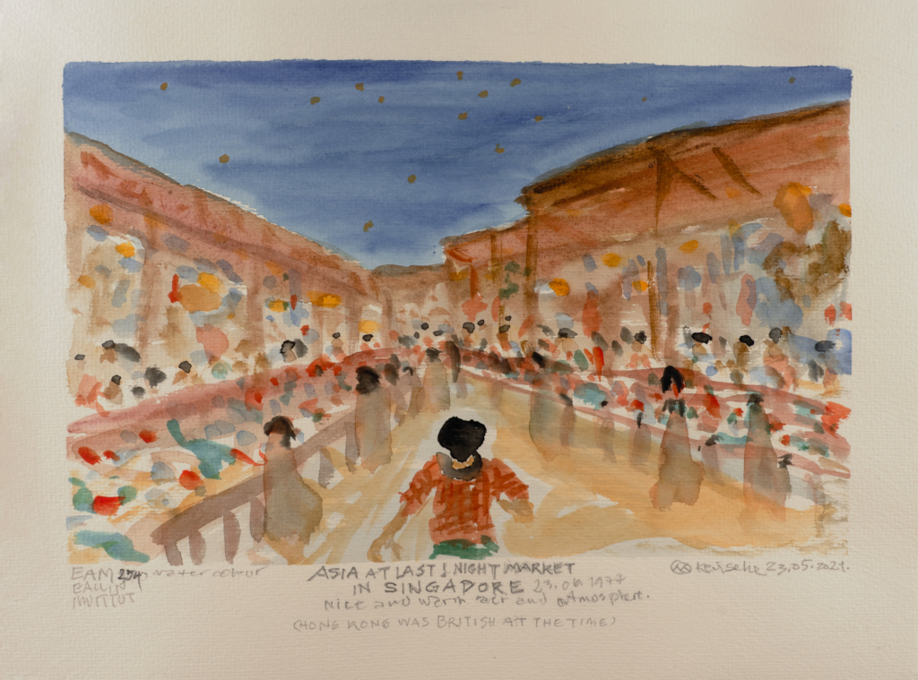 watercolor of people in ground in singapore