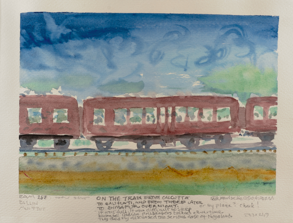 trains on a track watercolor