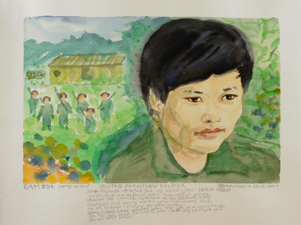 self portrait of the artist amongst soldiers watercolor
