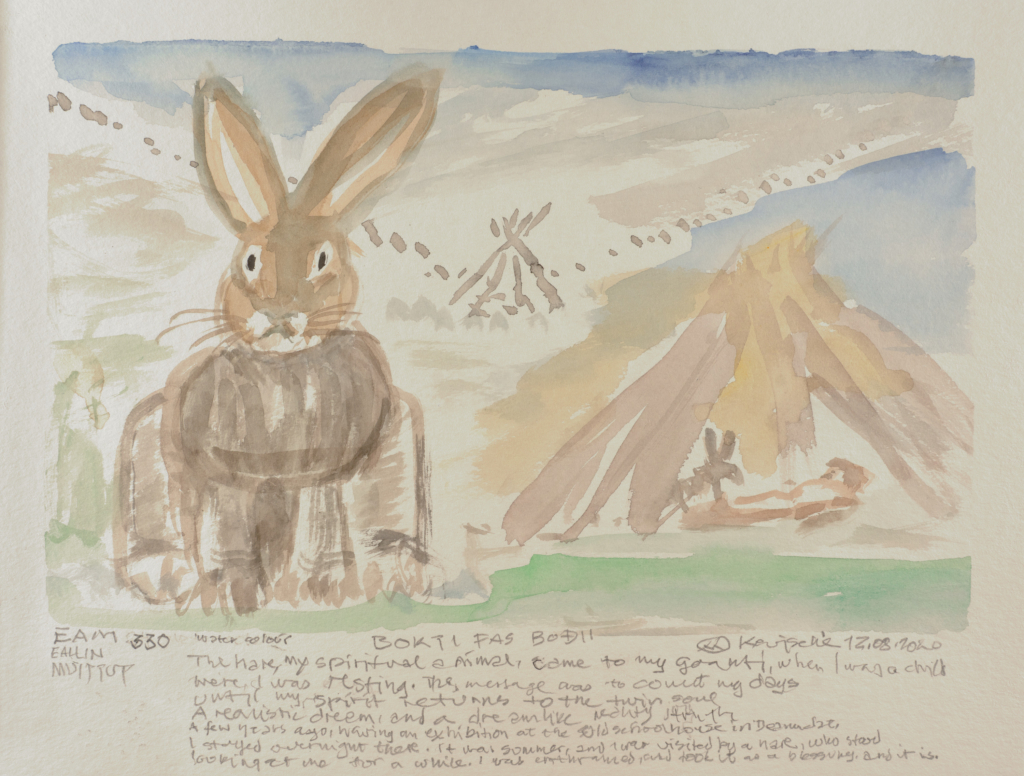 watercolor of a rabbit with a background of tepees