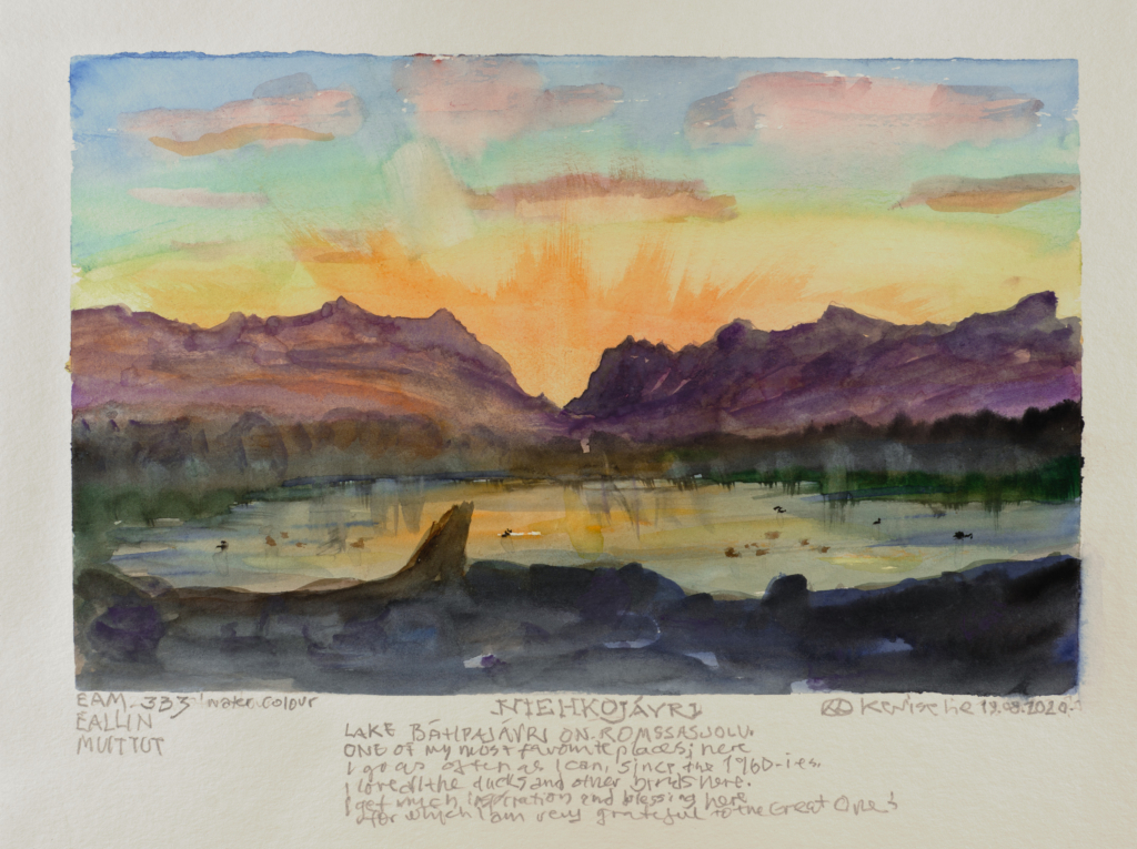 sunset amongst lake and mountains watercolor