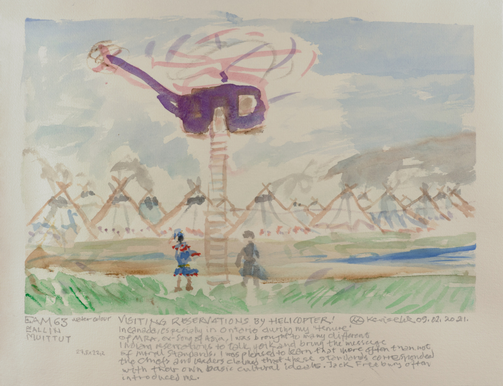 watercolor of people near teepees