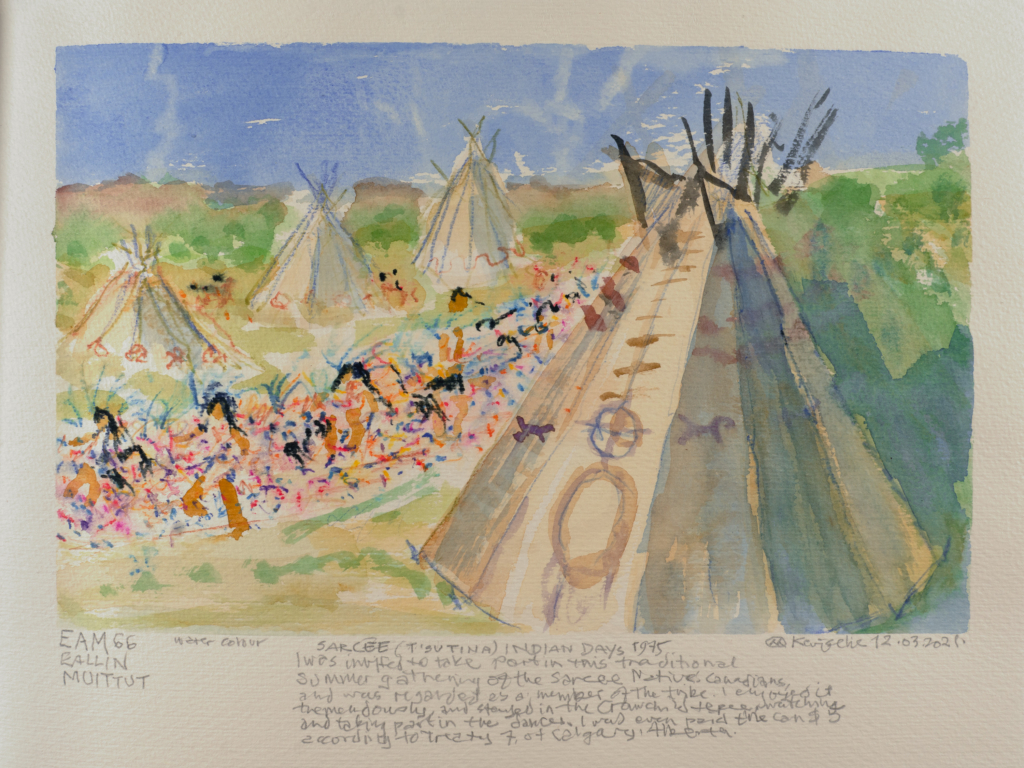 watercolor of people and teepees