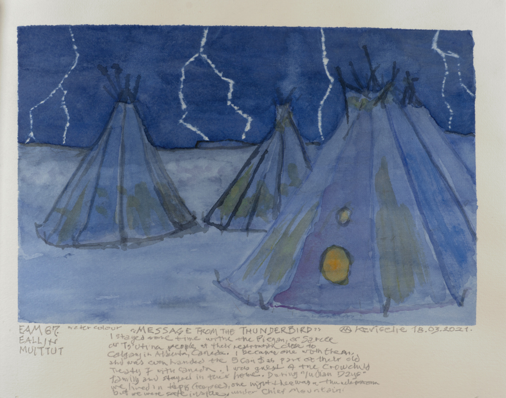 watercolor of teepees at night