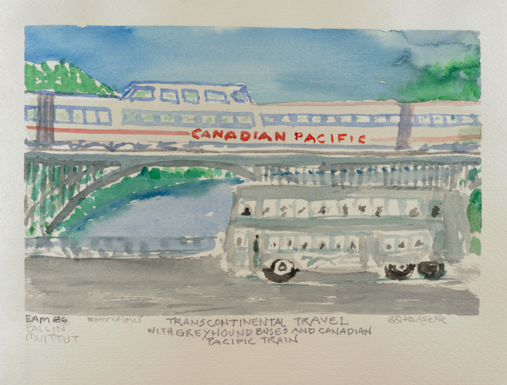 watercolor of bus near a bridge with a train on it that says pacific train