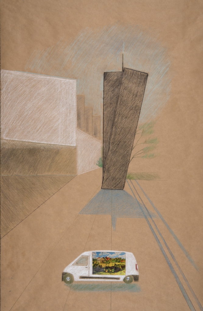 skyscrapers in background with a small van in front