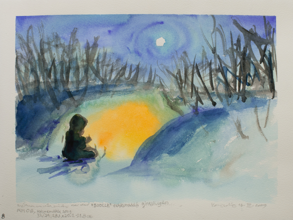 person on a snowy night watercolor