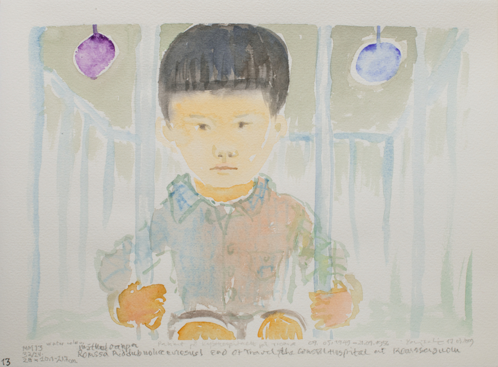 child in a crib watercolor