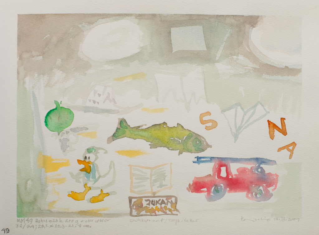 childrens toys on the floor watercolor