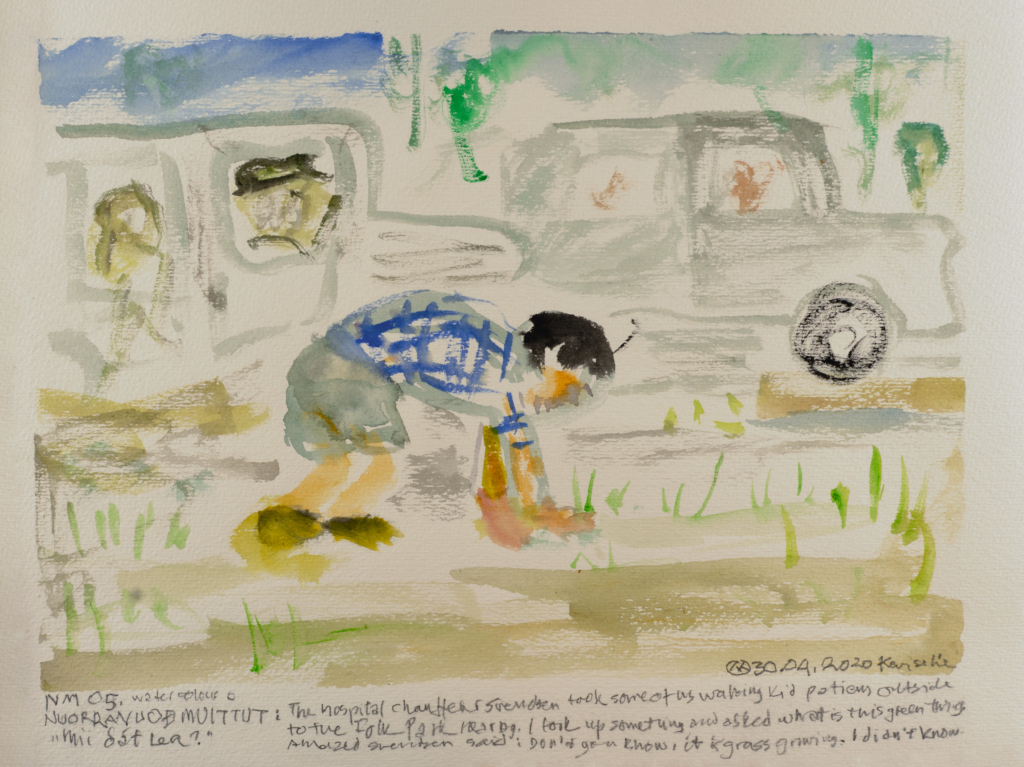 person searching the ground for something watercolor