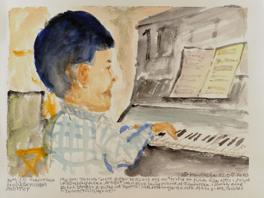 person practicing on a piano with sheet music watercolor