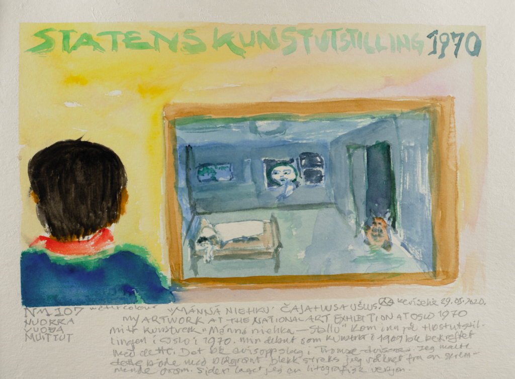 person looking at a photo of a room watercolor