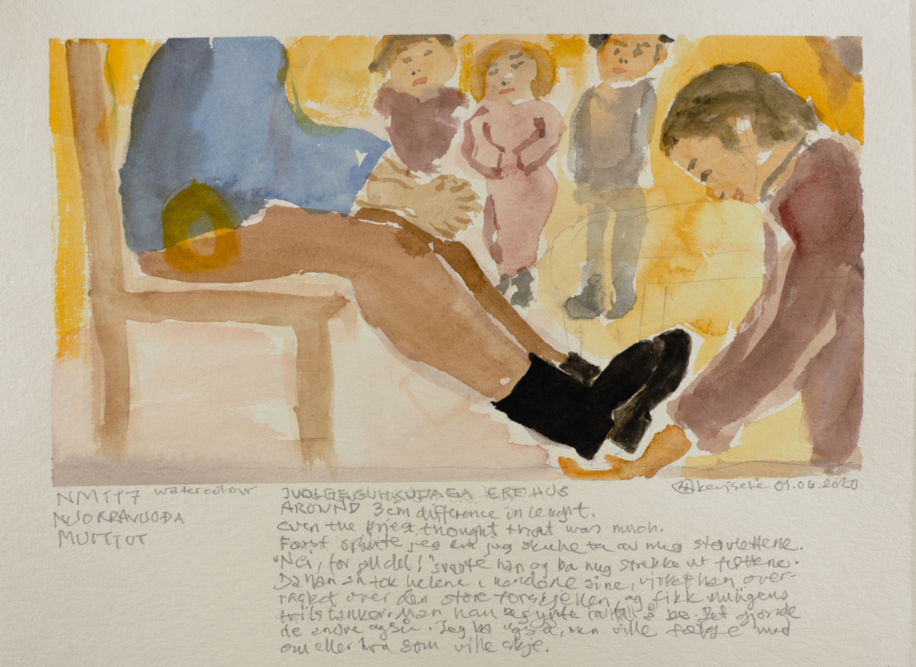 person trying on shoes watercolor