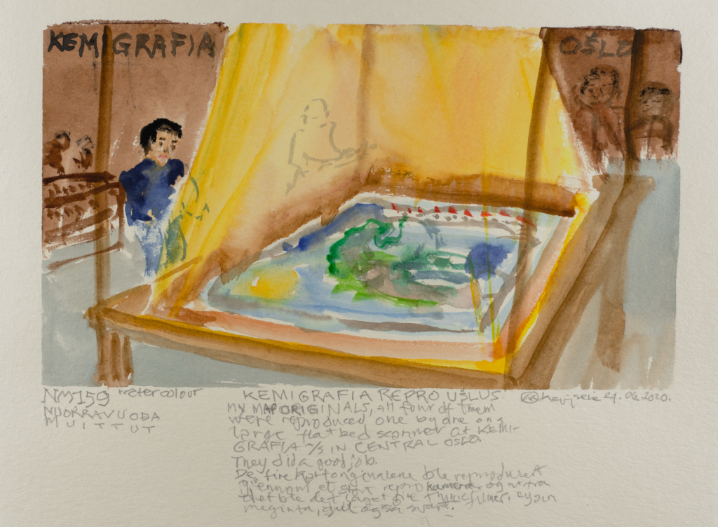 map on a table with people looking at it watercolor