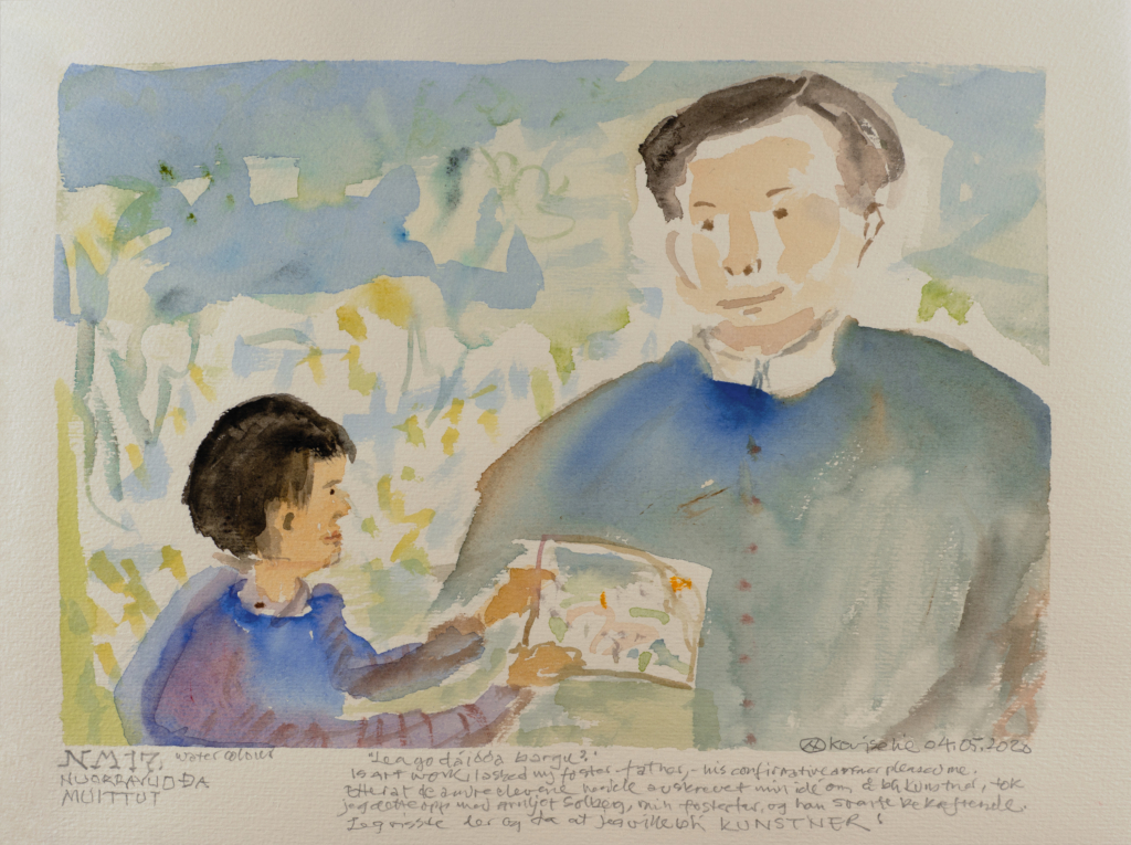 child handing their dad a watercolor that itself is a watercolor