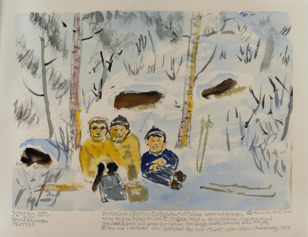 family in a snowy field watercolor
