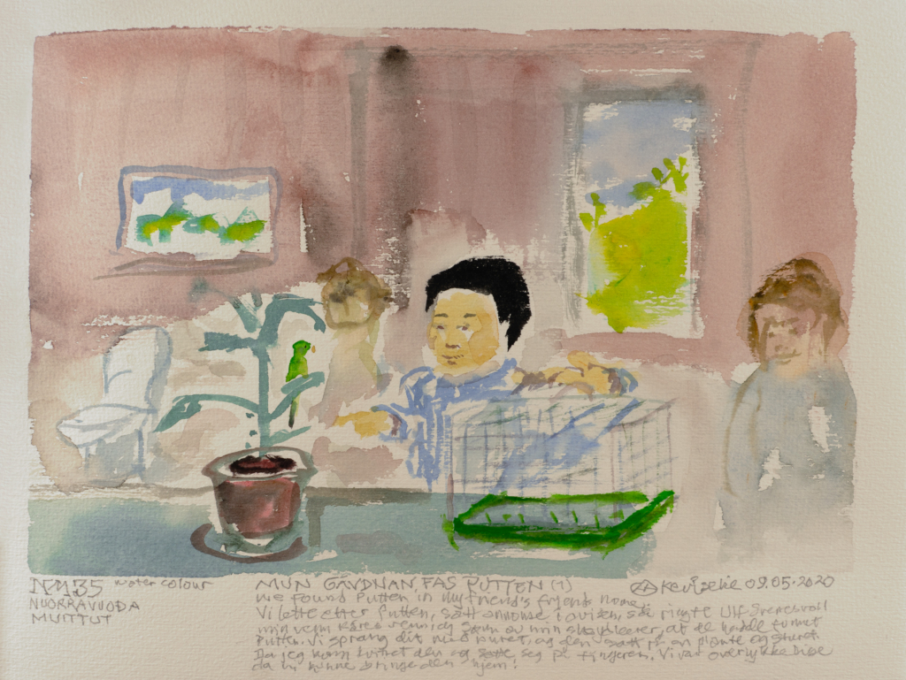 children observing a bird out of its cage watercolor