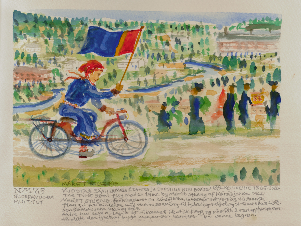 person biking holding a flag watercolor
