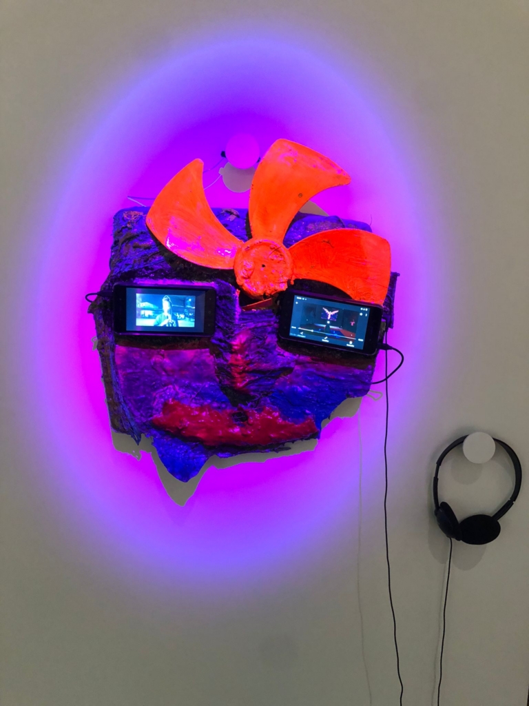art exhibit of screens mounted on a piece like a face
