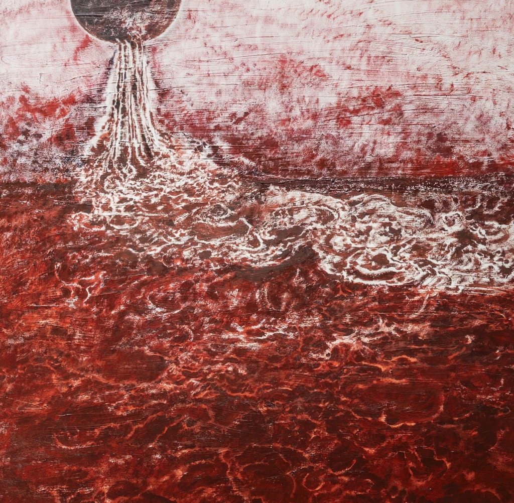 abstract painting of things pouring out of a solar eclipse