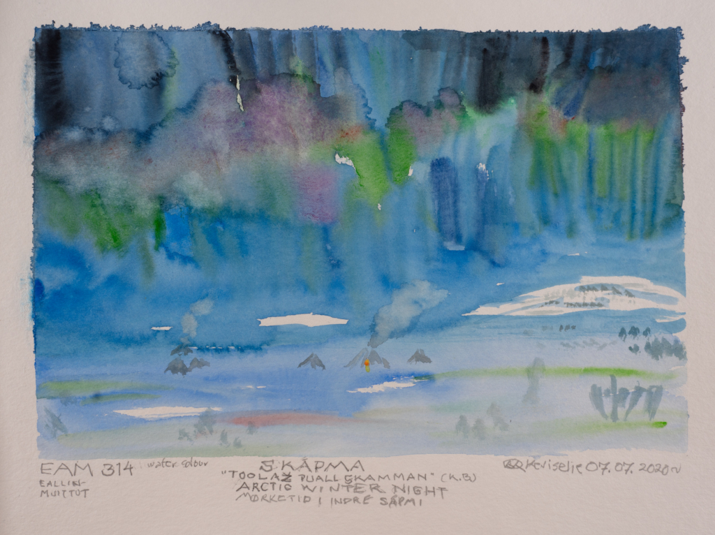 watercolor of a skyline with volcanoes in the distance